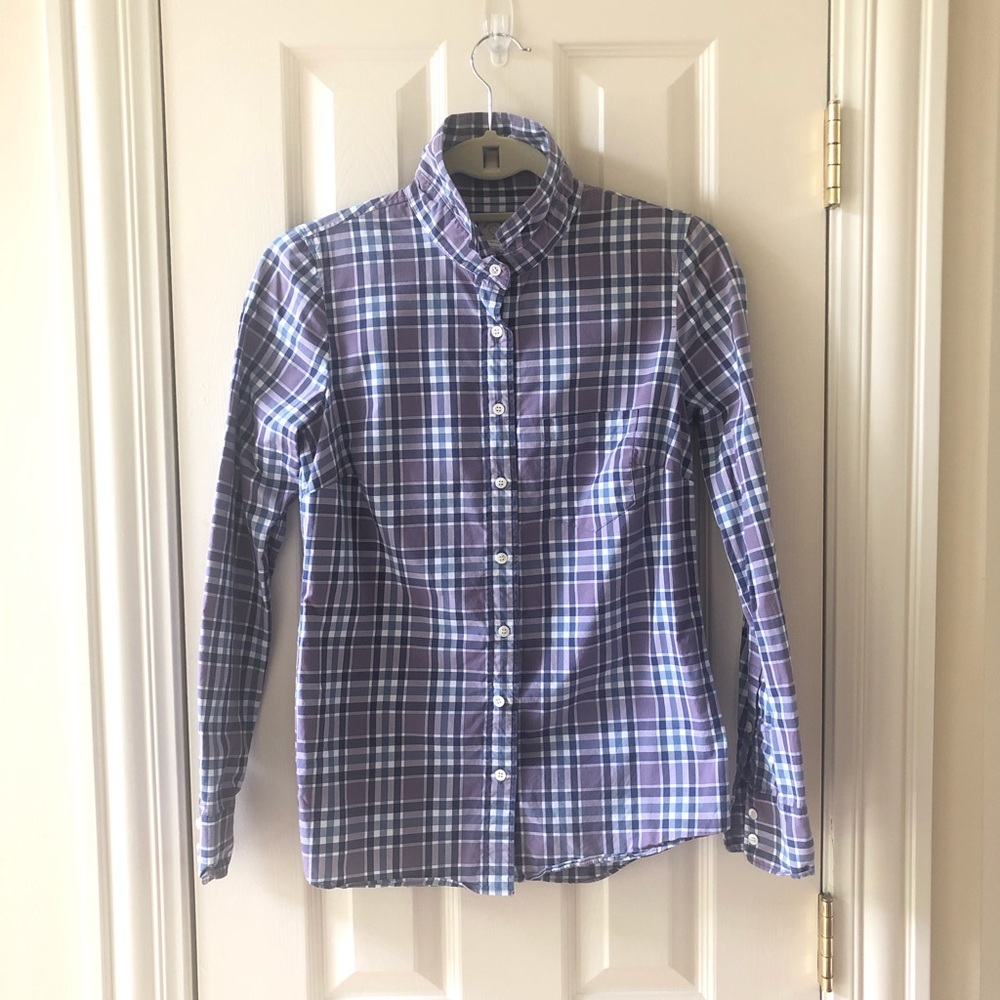 j crew the perfect shirt purple& navy plaid.